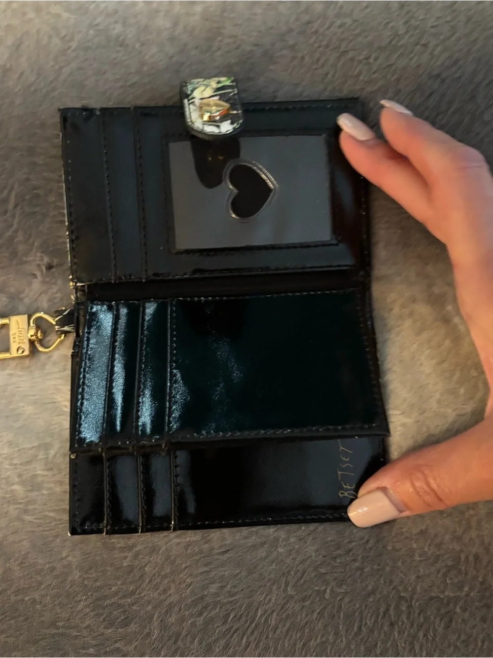 Betsey Johnson Black Floral Card Case Wallet Keychain Bag Charm Gold
